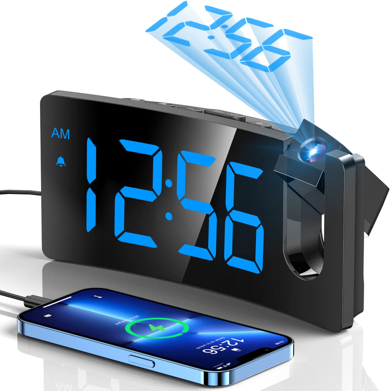 Projection Alarm Clock, Digital Clock with 180° Rotatable Projector, 3-Level Brightness Dimmer, Clear LED Display, USB Charger, Progressive Volume, 9mins Snooze,12/24H, Digital Alarm Clock for Bedroom Blue Digit+blue Projection