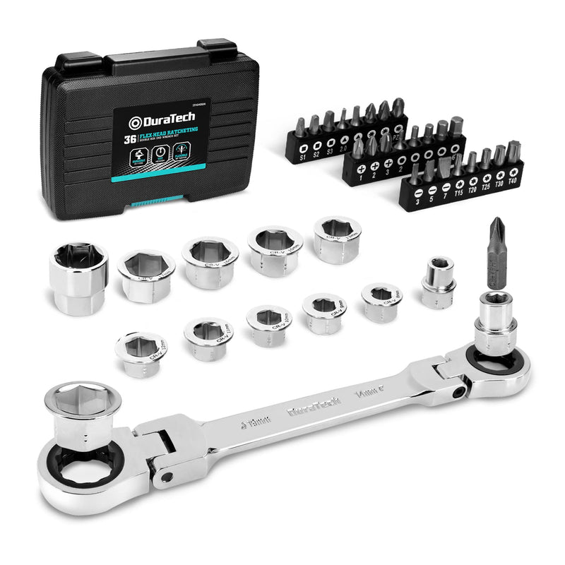 DURATECH 12-in-1 Flex-Head Ratcheting Wrench Set & 24-in-1 Screwdriver Set, Double Box End Wrench 8-19mm, 1/4" Drive Adapter with 24PCS Driver Bits, CR-V Steel, with Tool Box