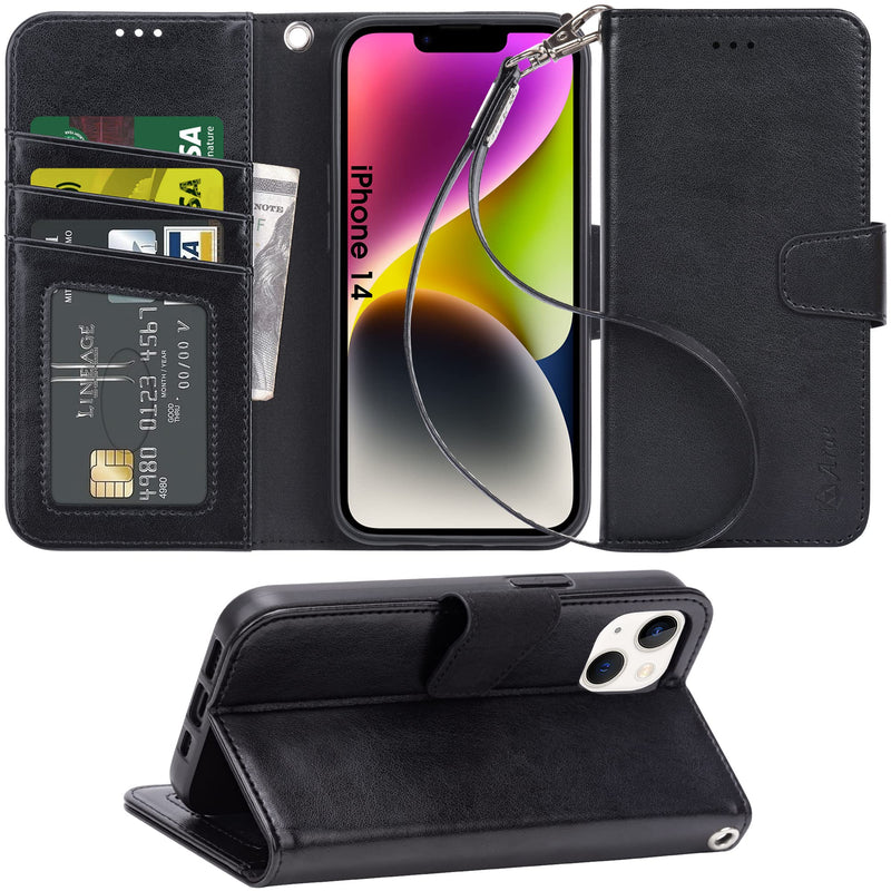 Arae Compatible with iPhone 14 Wallet Case with Card Holder and Wrist Strap Wallet Flip Cover for iPhone 14 6.1inch, Black iPhone 14 6.1 inch
