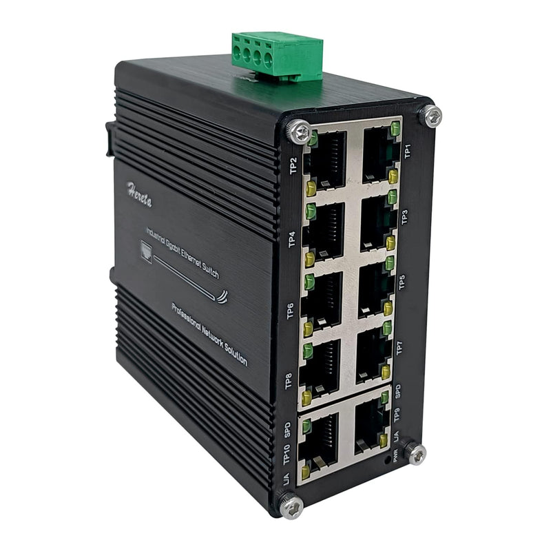 Hardened Industrial Gigabit Compact Ethernet Switch 10-Port 10/100/1000BASE-T RJ45 with auto-MDI/MDI-X Function 10/100Mbps Half/Full Duplex and 1000Mbps Full Duplex 12~48VDC Wide Range Power Input LNK-IMC010G