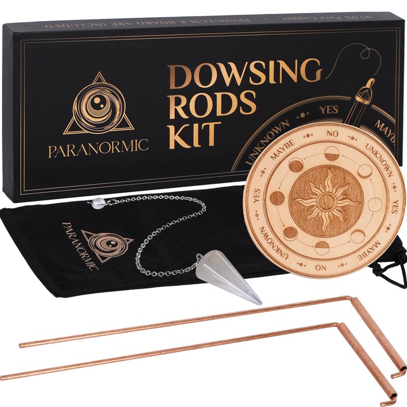 99.9% Pure Copper Dowsing Rods Kit – Ghost Hunting Equipment with Crystal Pendulum and Wooden Board for Spiritual Investigation