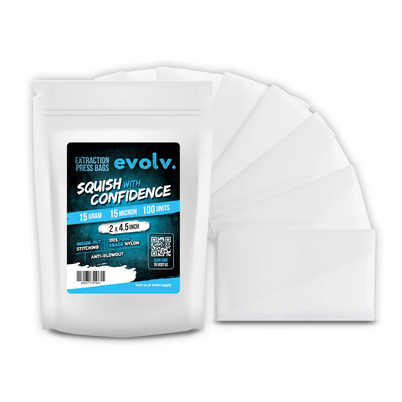 EVOLV Premium Nylon Tea Filter Extraction Press Bags | 2" x 4.5" | 15u | 100 Pack 15 Micron