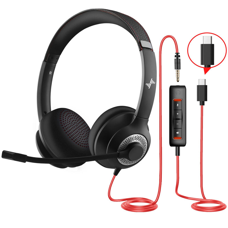 USB Headset with Microphone for PC, On-Ear Computer Laptop Headphones with Noise Cancelling Mic in-line Control for Home Office Online Class Zoom (Type C+3.5mm, Black) TYPE C+3.5mm