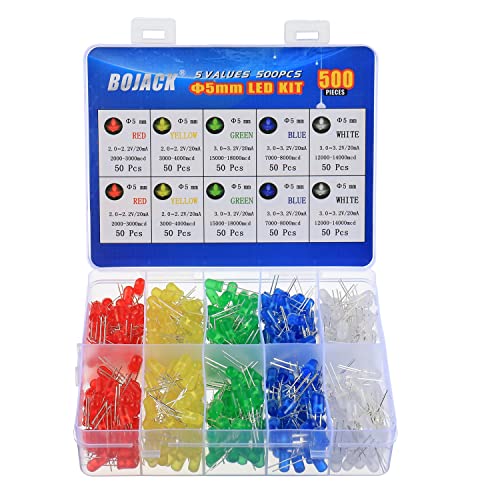 BOJACK 5 Colours 500 Pieces 5mm LED Diodes Assortment Kit Pack Bulb Lamps Electronic Components 5mm Light Emitting Diodes 5 colours 500P