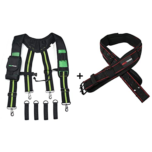 MELOTOUGH Tool Belt Suspenders with Padded Foam Adjustable Shoulder Straps + Padded Tool Belt with D ring for men construction Strong Durable Double Metal Roller Buckle
