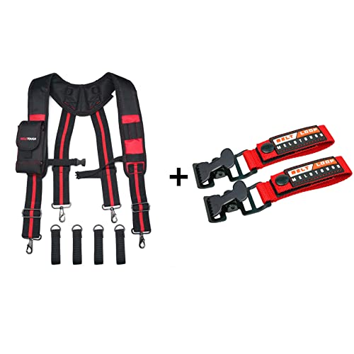 MELOTOUGH 1pcs Tool Belt Suspenders with Padded Foam Adjustable Shoulder Straps + 2pcs Work Glove Holder Glove Strap Quick Leash With Alligator Clip