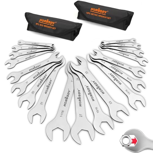 HORUSDY Thin Open End Wrench Set | Bike Wrench Set with Rolling Pouch | 19-Piece SAE & Metric | CR-V Steel | 1/4" to 1-1/16" & 5.5mm to 27mm for Mechanics SAE & Metric 19-Piece