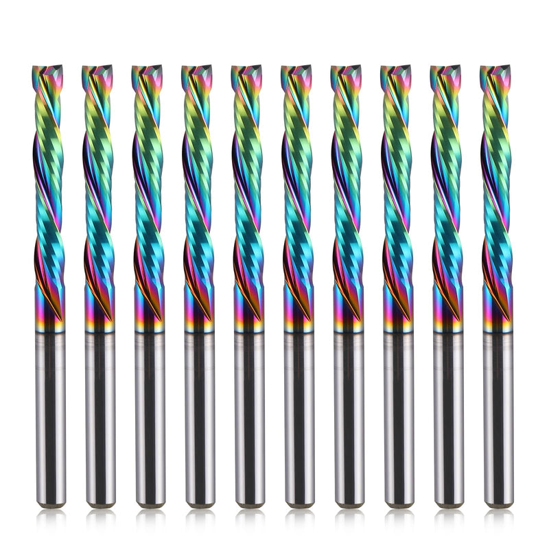 1/8 inch Shank Compression CNC Router Bits Spiral End Mill Wood Cutters 10 PCS, DLC Coating Compression CNC Spiral Bits 1/8 Cutting Dia, 22mm CEL, 2 Flutes Up &Down Cut Carbide End Mills