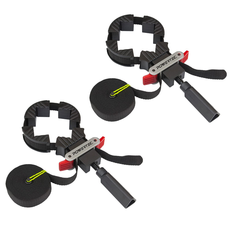 POWERTEC 71017-P2 Quick Release Band Clamp | Woodworking Frame Clamping Strap Holder, 2 PK Black Handle, 2PK