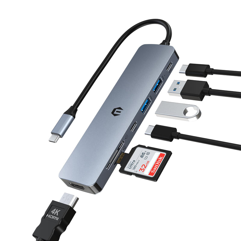 7 IN 1 USB C Adapter, 4K HDMI, USB C 3.0, 2 USB 3.0, 100W PD, SD/TF Card Reader, Compatible with Thunderbolt 3, MacBook Pro/Air, Windows and Other Type C Devices