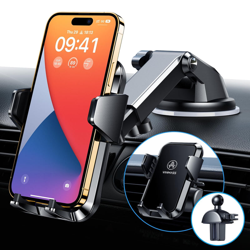 [2025 Ultimate] Car Phone Holder VANMASS【MAX Stable & Durable】Military-Grade Suction Cell Mount Truck Stand Cradle for Dashboard Windshield Vent for iPhone 16 Pro Max 15 14 13 12 Samsung S24 Android Black