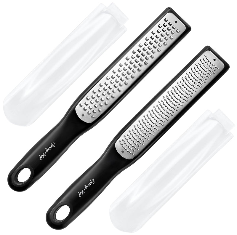 Spring Chef Premium Lemon Zester Grater with Handle - Ginger, Nutmeg, Garlic Grater - Heavy Duty Kitchen Tool - Stainless Steel Citrus Zester with Blade Cover - Fine & Coarse Shred, Set of 2, Black Fine & Coarse Zester