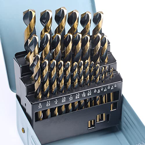 CaRoller 29Pcs Drill Bit Set,135 Degree Tip High Speed Steel 1/16"-1/2"-29pcs-Black and Gold