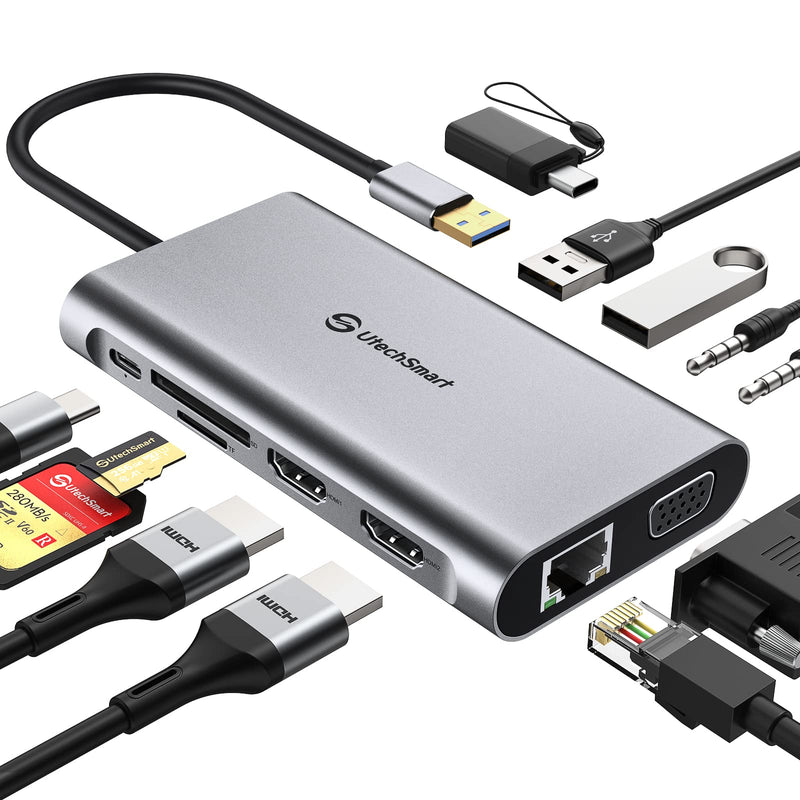 UtechSmart USB Docking Station, 11 IN 1 USB C Dock Triple Display, USB 3.0 Laptop Docking Station with Dual HDMI, VGA, PD, Ethernet, SD/TF, USB 3.0, Mic/Audio, Compatible for MacBook M1 Dell HP Lenovo Grey