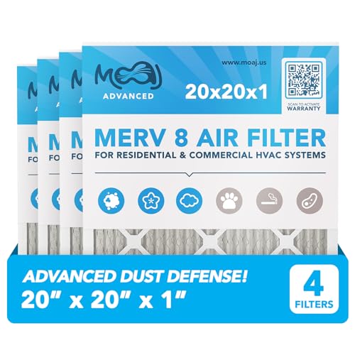 20x20x1 Air Filter (4-PACK) | MERV 8 | MOAJ Elite Dust Defense | BASED IN USA | Quality Pleated Replacement Air Filters for AC & Furnace Applications | Actual Dimensions: 19.70” x 19.70” x 0.75” 20x20x1 MERV 8: ADVANCED