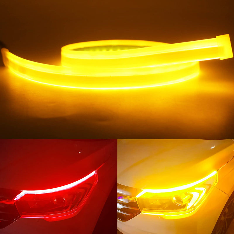 Qasim Sequential Flowing LED Strip 24inch Red+Yellow Daytime Running Lights 60cm Turn Signal Guide Driving Light Strip Auto Car Motorcycle Accessories 2-Pack 60CM Red&Amber