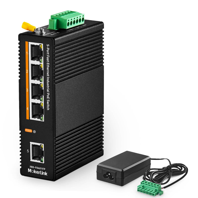 MokerLink 5 Port PoE Industrial DIN-Rail Network Switch, 60W IEEE802.3af/at PoE Power, 10/100Mbps Fast Ethernet, IP40 Rated Network Switch (-40 to 185°F), with UL Power Supply 5*100M POE