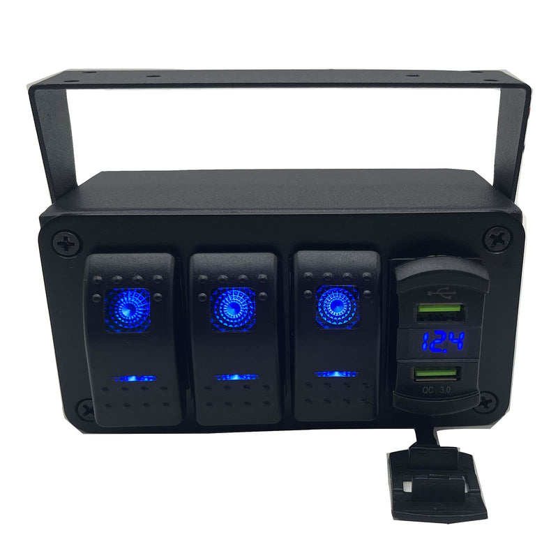 Marine Boat Panel 3 Gang Rocker Switch Box 12V ON Off Switch Quick Charge 3.0 Dual USB Charger Voltmeter Waterproof Aluminum Rocker Switch Panel Night Glow Stickers for Boats RVs Trucks Cars 3 Gang Switch Box