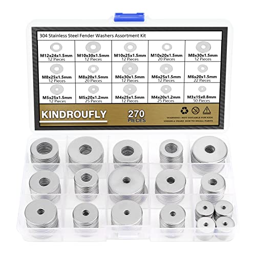 270 Pieces 15 Sizes Large Fender Washers Assortment Kit, 304 Stainless Steel Washers, Fender Washers, Metal Washers Assortment Kit (M3 M4 M5 M6 M8 M10 M12)