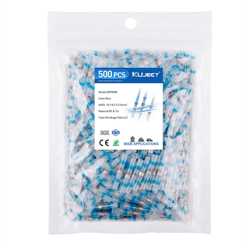 Kuject 500PCS Solder Seal Wire Connectors AWG 16-14, Blue Solder Seal Heat Shrink Butt Connectors Terminals Sleeve Waterproof Wire Splice Connector for Marine Boat Wire Joint AWG 16-14 Blue 500