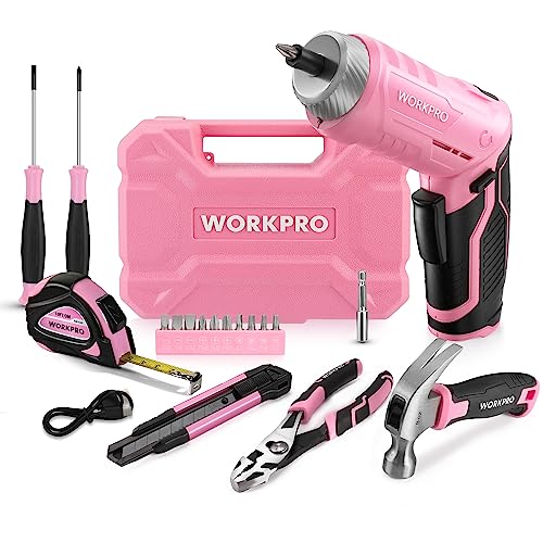 WORKPRO Pink Tool Set, 3.7V Electric Screwdriver Kit with Toolbox