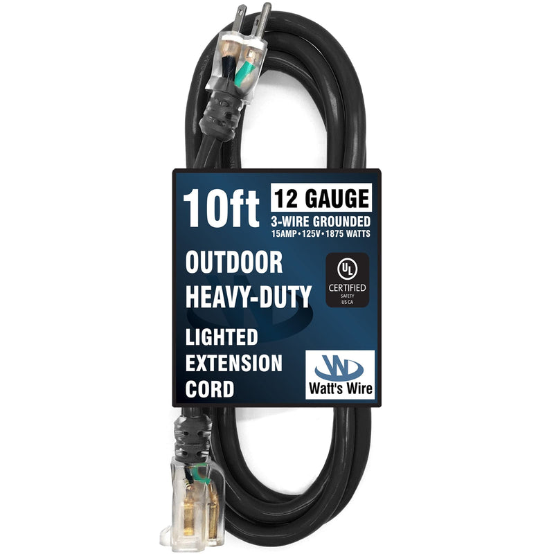 10 ft Outdoor Extension Cord Waterproof - 12 Gauge Heavy Duty Extension Cord 10 ft - Lighted Outdoor Extension Cords - Watts Wire - 10' Grounded Black