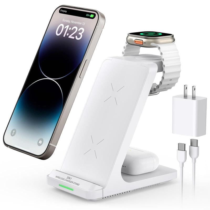 Wireless Charging Station, 3 in 1 Fast Wireless Charger Stand for Multiple Devices Apple Watch Ultra Series 9 8 7 6 SE 5 4 3 2, iPhone 16 15 14 13 12 11 Pro Max/Plus/Mini/X/XS/Max/XR/SE, Airpods White