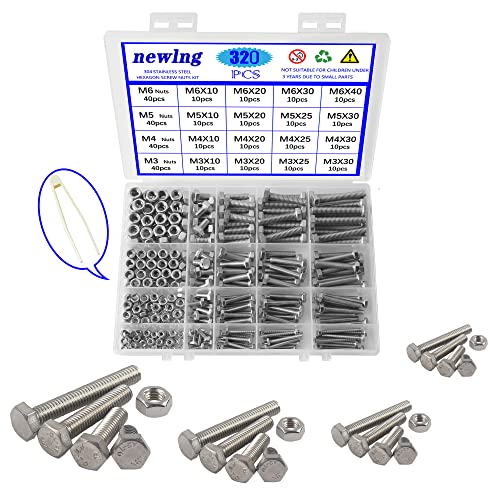 newlng M3 M4 M5 M6 Bolts and Nuts Assortment Kit 320 PCS Metric 304 Stainless Steel Hex Head Cap Screws Bolts and Nuts Assortment Set Fasteners Bolts Kit with Combination Box for Home Fixation Repairs M3456-4