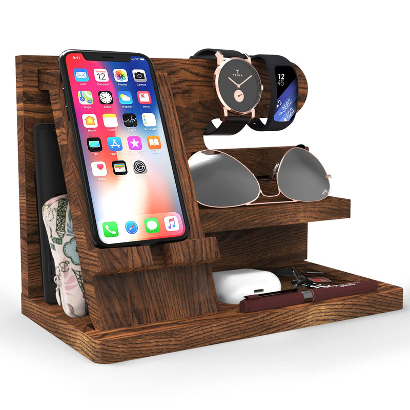 Birthday Gifts for Men Wooden Phone Docking Station Organizer Dad Birthday Nightstand Organizer Desk Wood Gifts Valentines Day Gifts brown
