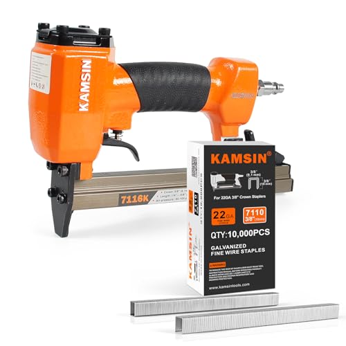 7116K Pneumatic Upholstery Stapler, Fine Wire Staple Gun, Stapler Kit with 10000pcs 3/8”(10mm) Leg Length，3/8”(9mm) Crown Staples for Woodworking