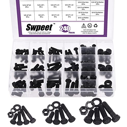 Swpeet 240Pcs 1/4-20 5/16-18 3/8-16 12 Sizes Black Zinc Finish Carbon Steel Grade 8 USS Nut Bolts Assortment Kit, Heavy Duty Bolt Nut and Washer Assortment Coarse Thread Hex Head Cap Screws Bolt