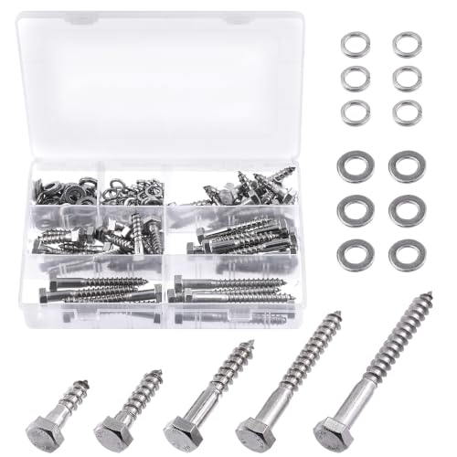 Swpeet 150PCS M8x30/35/50/65/75mm 304 Stainless Steel Hex Lag Bolts Screws and Flat Washers with Lock Washers Assortment Kit, M6 M8 Hexagon Head Wood Screws Lag Bolts and M6 M8 Flat Lock Washers