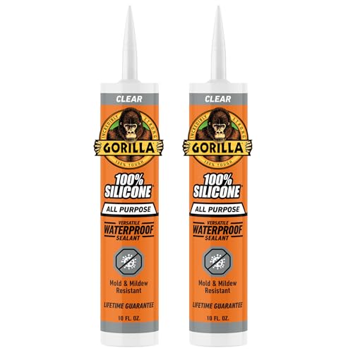 Gorilla 100% Silicone Waterproof Caulk, Clear, 10 oz Cartridge, 2-Pack 10oz Cartridge