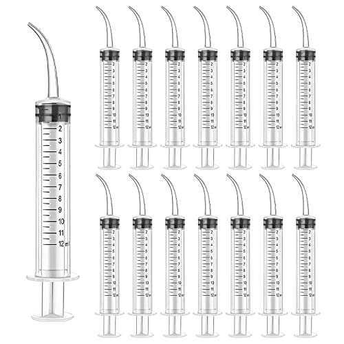 Pack of 15 Disposable Dental Syringe 12 ml with Curved Tip for Dental Care, Pet Care, Glue Filling, Laboratory