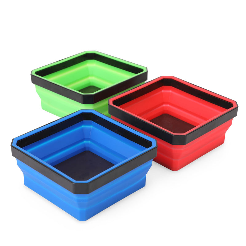 PR1ME Collapsible Magnetic Parts Tray Set, Foldable Magnetic Tray, 3 Pieces 4.25 inch Square Silicone Bowls with Magnetic Base Stores and Organizes Small Parts and Tools Basic Trays