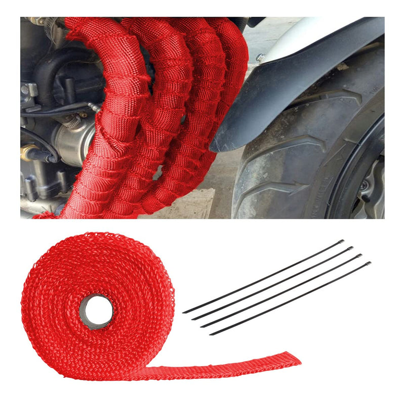 Auto Exhaust Wrap for Motorcycle, 16FT Titanium Fiberglass Hose Heat Shield Roll Sleeve with 4PCS Stainless Ties, Universal for Car Wire Loom Brake Line Cable Protection (Red) Red