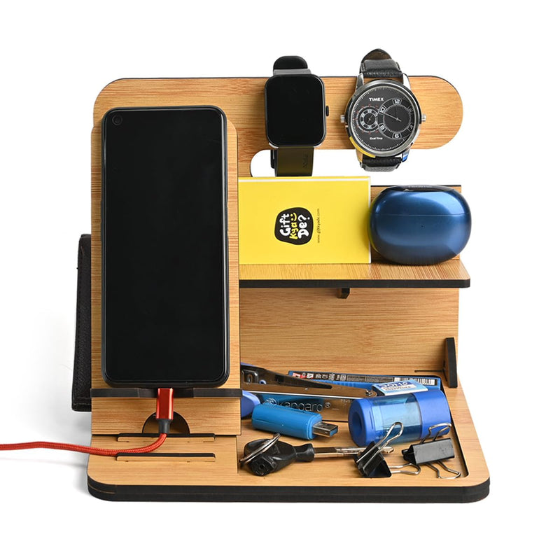 Gkd Desk Organizer & Docking Station (6 In 1) With Mobile Stand Gift For Him Gift For Husband Gift For Brother Table Organizer (Bamboo) Gift Kya De (Eco Friendly)