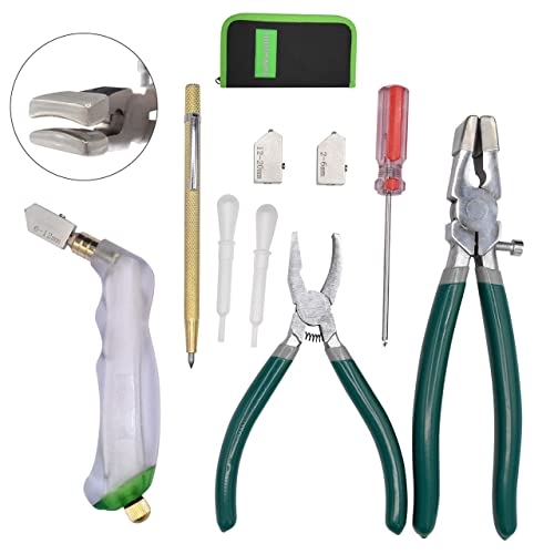 9Pcs Heavy Duty Glass Cutter Tool, Glass Cutting Kit, Glass Running Breaking Pliers, Breaker Grozer Pliers with Curved Jaws,Glass Cutters for Stained Glass, Mosaics, Fusing, Breaking Style 1