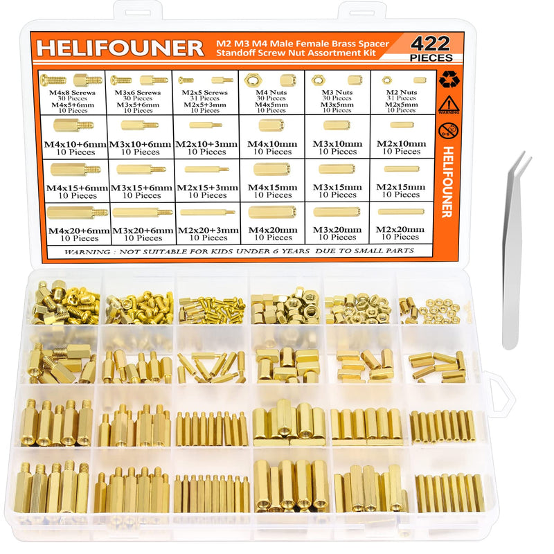 HELIFOUNER 422 Pieces M2 M3 M4 Male Female Hex Brass Spacers Standoffs Screws Nuts Assortment Kit, Threaded Pillar for Printed Circuit Board Motherboard M2 M3 M4 Brass Standoff Set