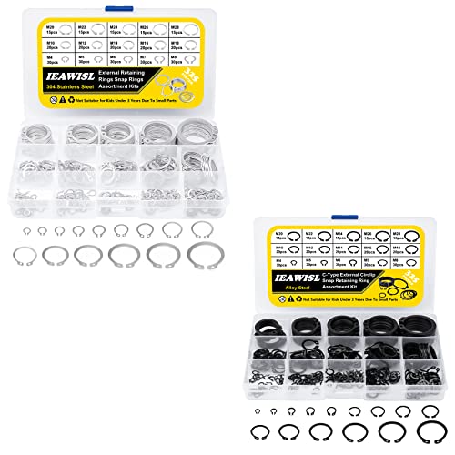 Snap Ring Shop Assortment, 650pcs Alloy Steel & 304 Stainless Steel Internal/External Retaining Rings, C-Clips for Axles, Shafts & Other Moving Parts