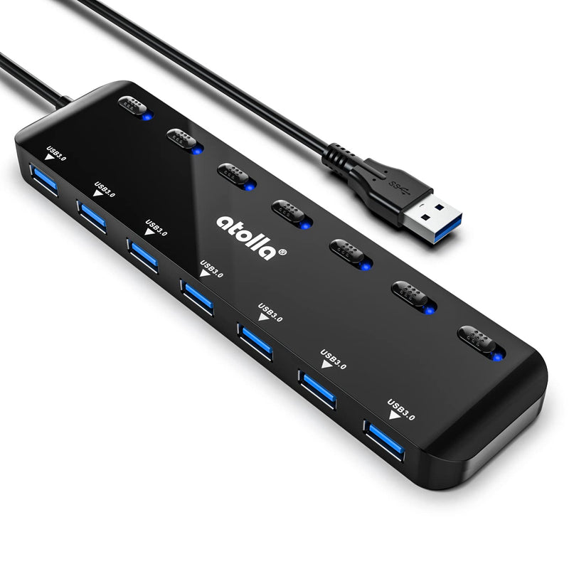 atolla 7-Port USB 3.0 Hub Splitter, USB Extender Ultra Slim Data USB Hub with Individual Power Switch and LEDs Black