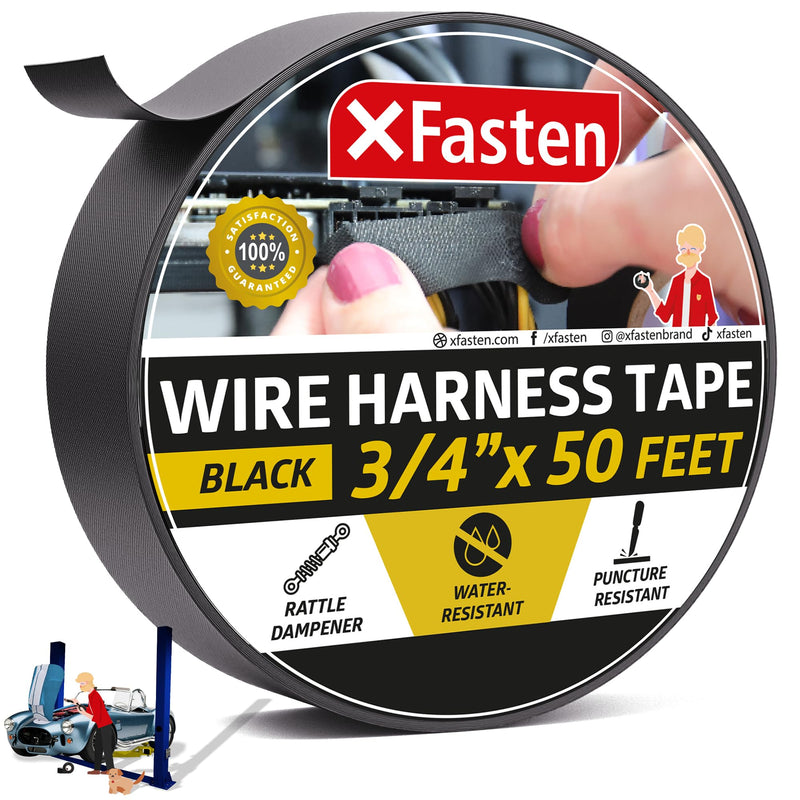 XFasten Wire Harness Tape 3/4 Inch x 50ft Cloth Tape | High Temp Fabric Tape | Cloth Electrical Tape | Felt Tape | Friction Tape | Flat Wire Tape Automotive Wire Loom Tape Screen Wire Tape 1 Black 3/4-Inch x 50-Feet