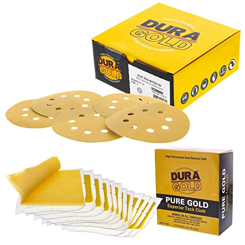 Dura-Gold Premium 5" Gold Sanding Discs - 320 Grit (Box of 50) & Dura-Gold - Pure Gold Superior Tack Cloths - Tack Rags (Box of 12)