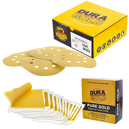 Dura-Gold Premium 5" Gold Sanding Discs - 400 Grit (Box of 50) & Dura-Gold - Pure Gold Superior Tack Cloths - Tack Rags (Box of 12)