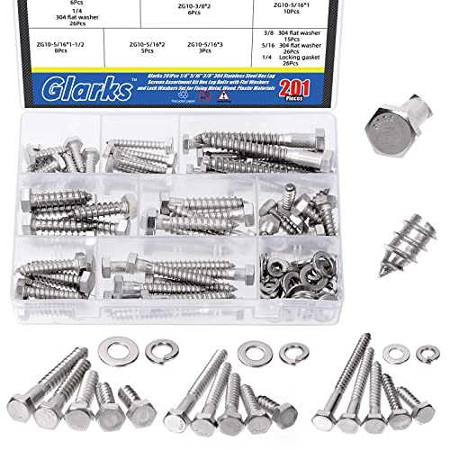 Glarks 201Pcs 1/4" 5/16" 3/8" 304 Stainless Steel Hex Lag Screws Assortment Kit Hex Lag Bolts with Flat Washers and Lock Washers Set for Fixing Metal, Wood, Plastic Materials 1/4"+5/16"+3/8" Lag Screws Set