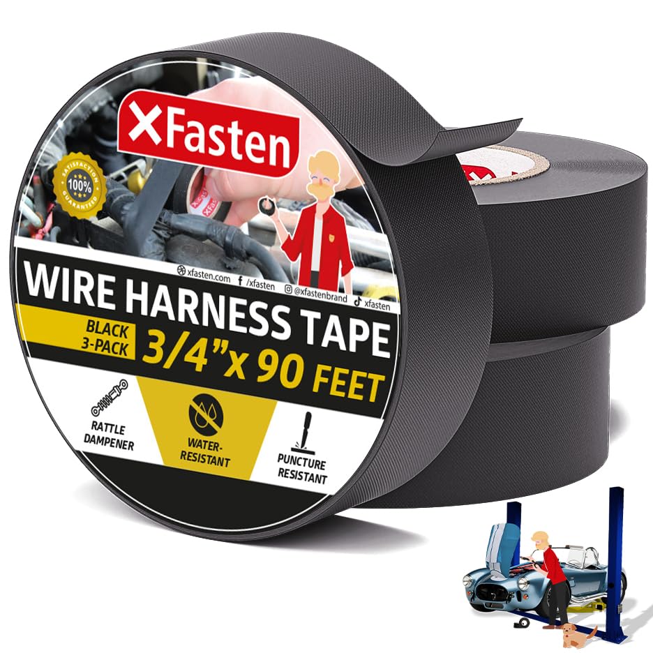 XFasten Wire Harness Tape Wire Loom Tape 270ft 3/4 Inch x 90ft (3-Pack) | Residue-Free Audio Engine Wire Tape | Automotive Wiring Tape | Wire Harness Wrap for Car Audio & Video Installation Products 3/4-Inch x 90-Feet (3-Pack)