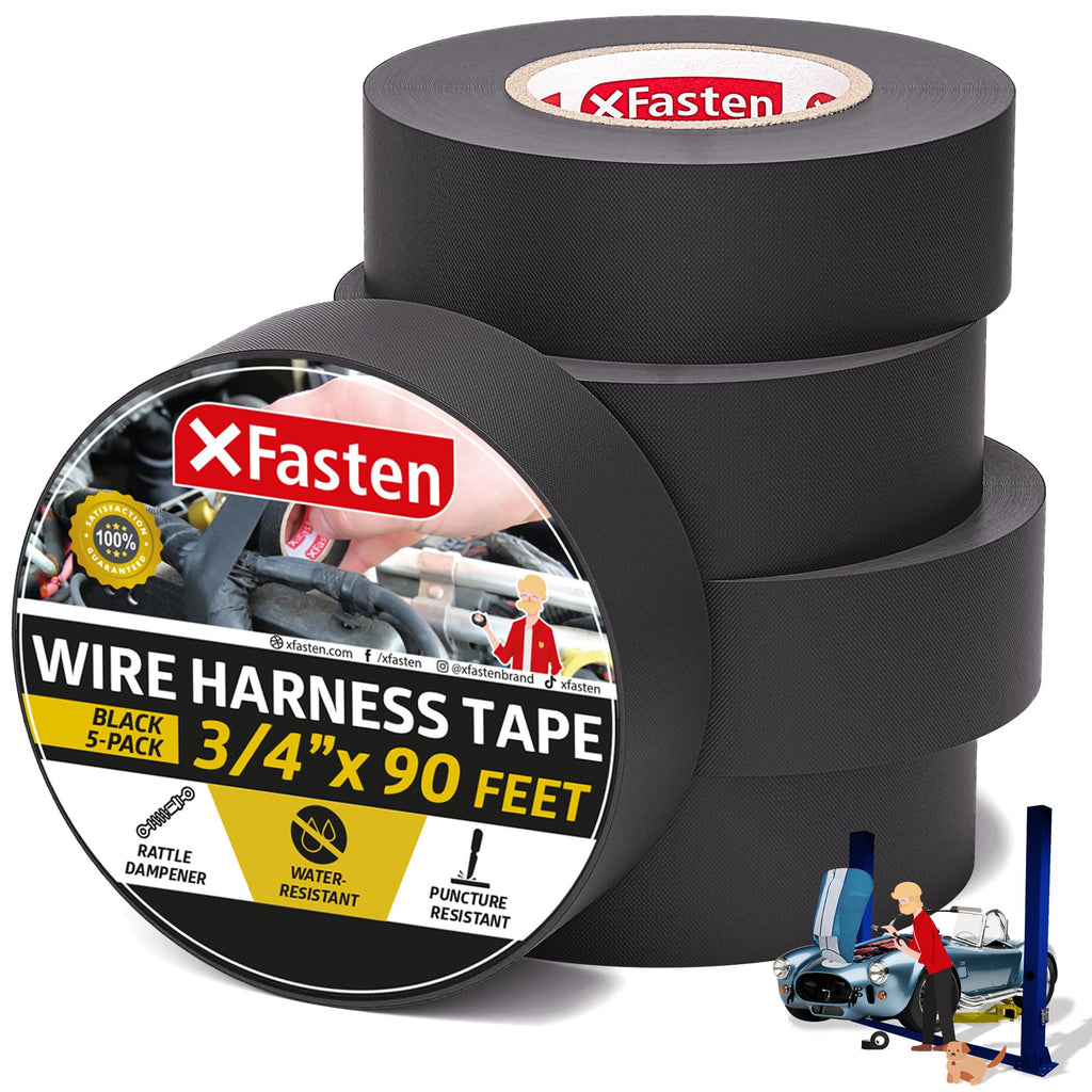 XFasten Black 3/4-Inch x 90-Feet (5-Pack) High-Heat Resistant Cloth Electrical Tape for Automotive Wire Loom 3/4-Inch x 90-Feet (5-Pack)