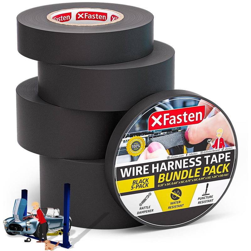 XFasten Wire Harness Tape Wire Loom Tape 250ft 3/4 Inch x 50ft (5-Set Width) | Residue-Free Audio Engine Wire Tape Automotive Wiring Tape Wire Harness Wrap for Car Audio & Video Installation Products Set of 5 Widths x 50 Foot (250 Feet Total)