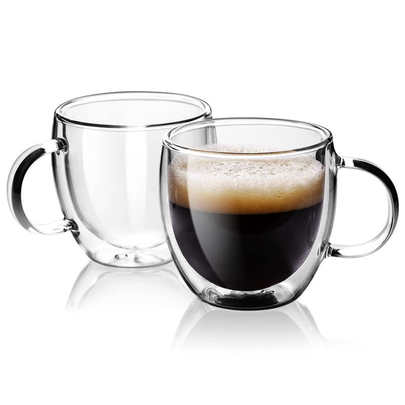 Double Wall Glass Espresso Cups 5oz/150ml, A set of 2, Thermo Insulated Borosilicate Glass Cups with Handle