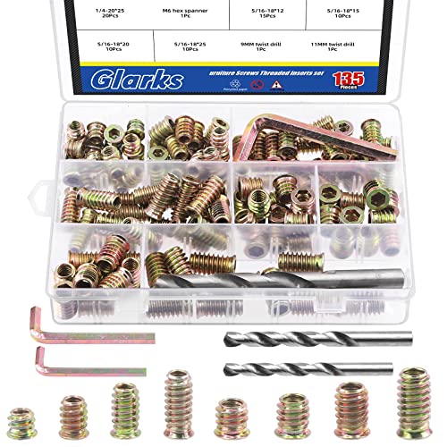 Glarks 134Pcs 1/4"-20 5/16"-18 Furniture Screw in Nut Threaded Inserts Assortment Kit, 10/12/15/20/25mm Wood Inserts Bolt Fastener Connector Hex Socket Drive with Twist Drill and Hex Wrench Set